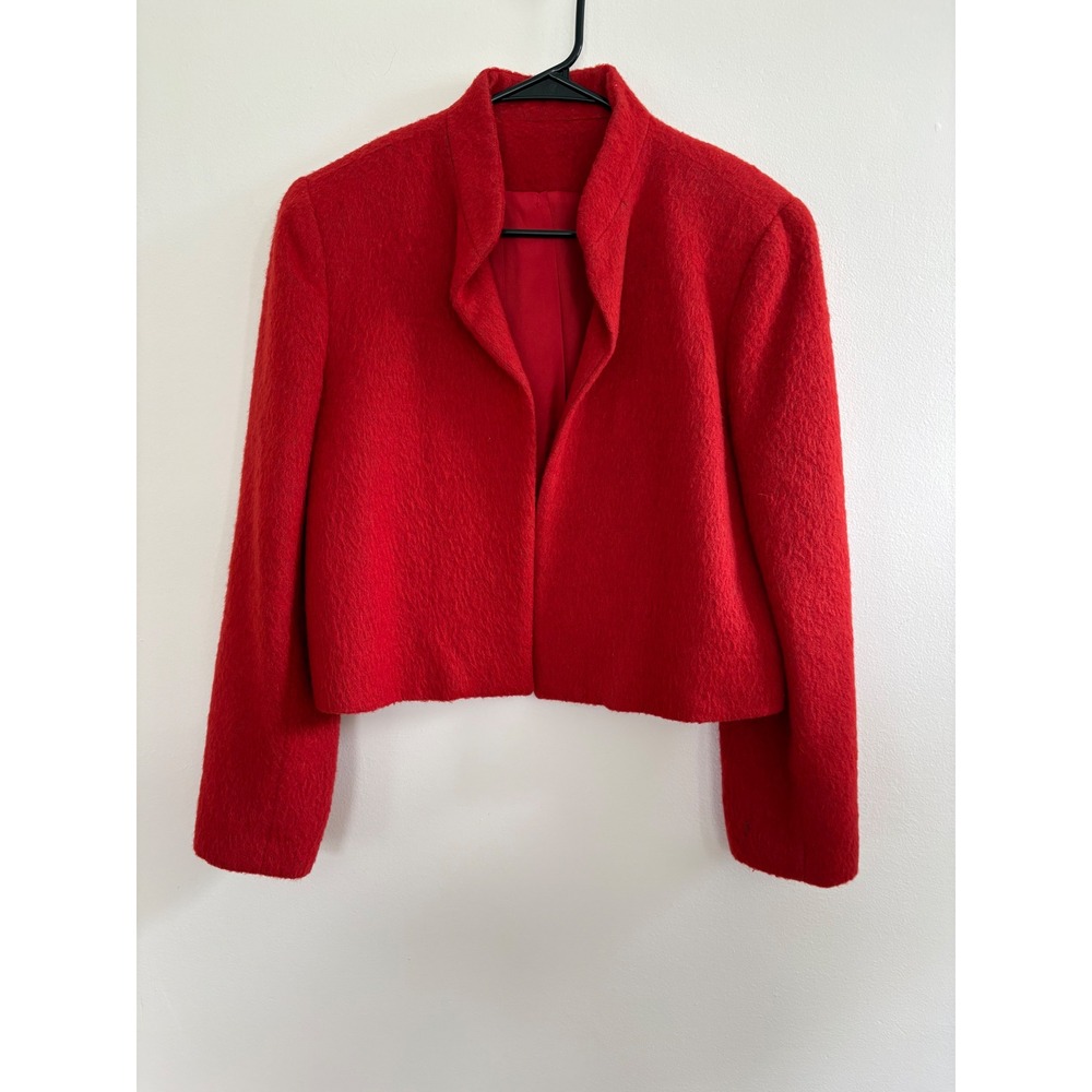 Vintage Elliott Lauren Red Mohair Wool Blend Cropped Open Front Jacket USA Made